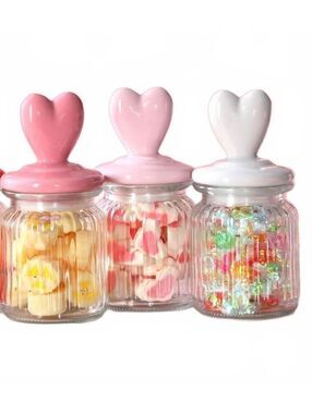 Set of 3 Glass Candy Jars with Heart-Shaped Lids